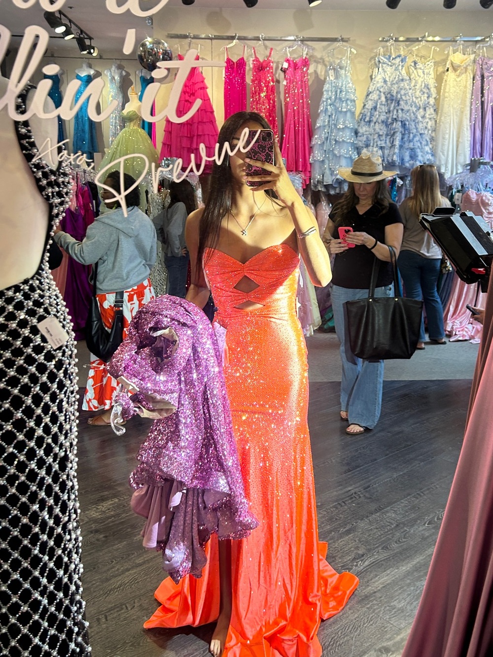 Sherri Hill Neon Orange Rhinestone Strapless Prom Gown